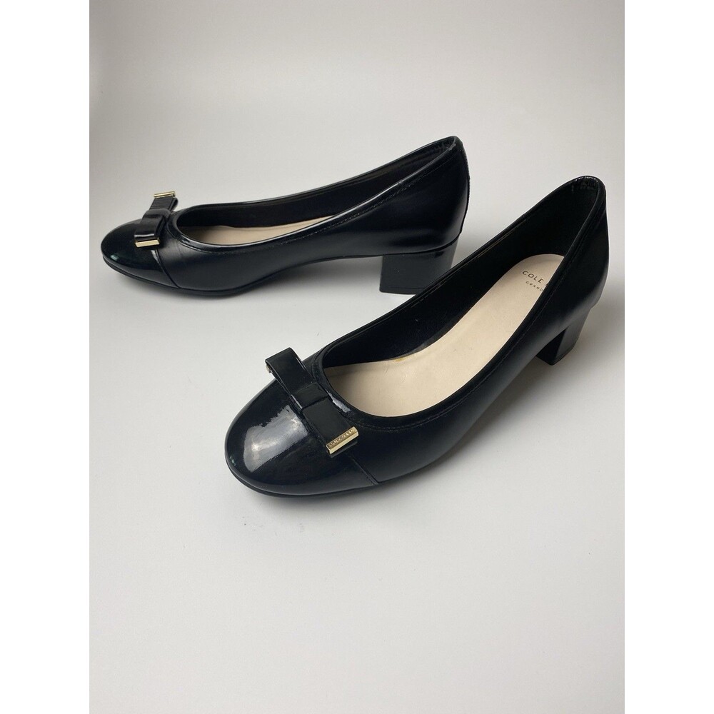 Cole Haan Women’s Black Patent Leather Ballet Pump Heels Gold Accent Trim Sz 7 B